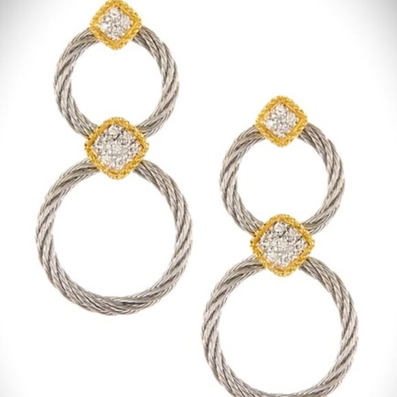 ALOR 18K Gold Stainless Steel Classique Diamond Pave Double Hoop Drop Earrings - Picture 2 of 10